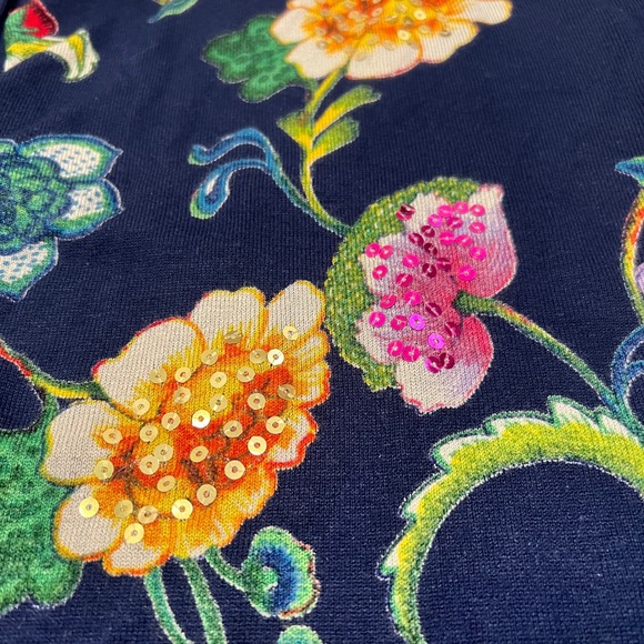 Disigual | Artsy Chic Floral Sequin Tassel Trim Top Navy Blue Size Small (Flaw) - Picture 5 of 9